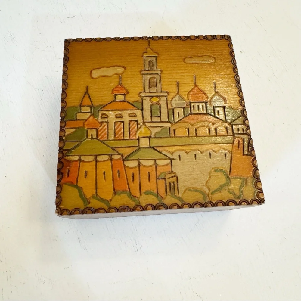 Russian Wood Box Town Scene done in Pyrography Vintage